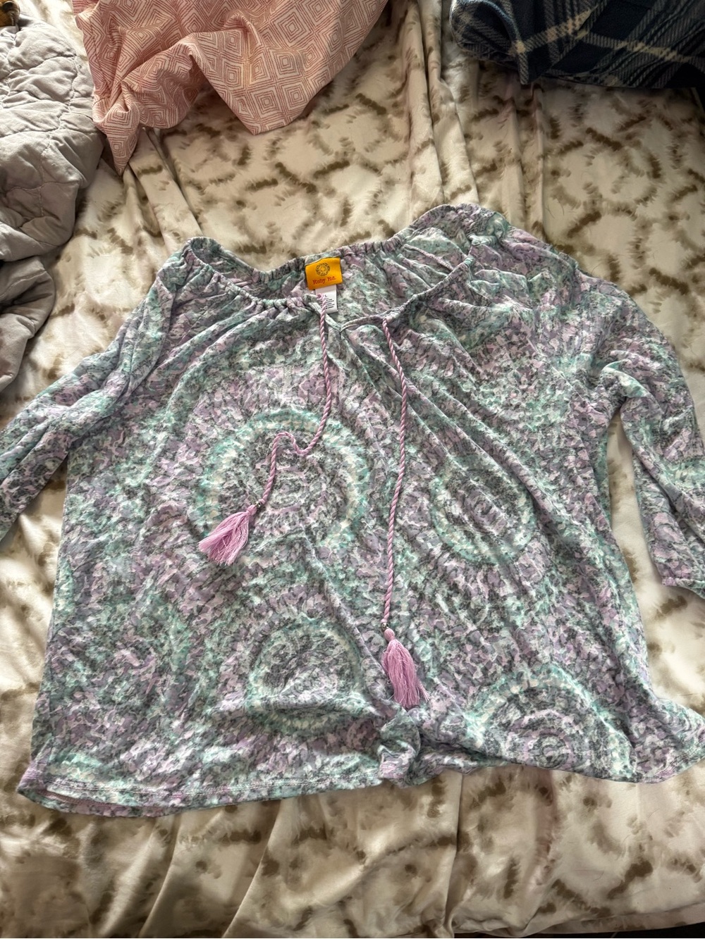 Ruby Rd. Pastel Lavender & Mint Tie-Front Off-the-Shoulder Sweater